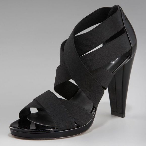 Stuart Weitzman Elastic Strappy Sandal Black Womens Size 7.5 Heels Shoes‎ - Picture 1 of 7